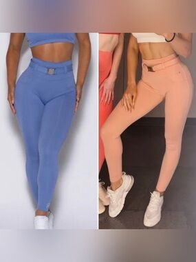2 Pair Bombshell Sportswear Belted Leggings Bundle – Size Small - Blue and Pink